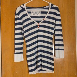 American Rag Cie Bodycon Hooded Henley Knit Top Womens M Blue Striped Grunge